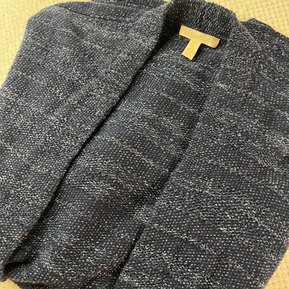 EILEEN FISHER Blue Speckled Knit Open Front Cardigan Sweater L G - Picture 1 of 8